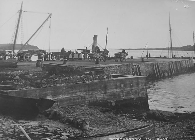 Black and white postcard featuuring Portaferry Harbour